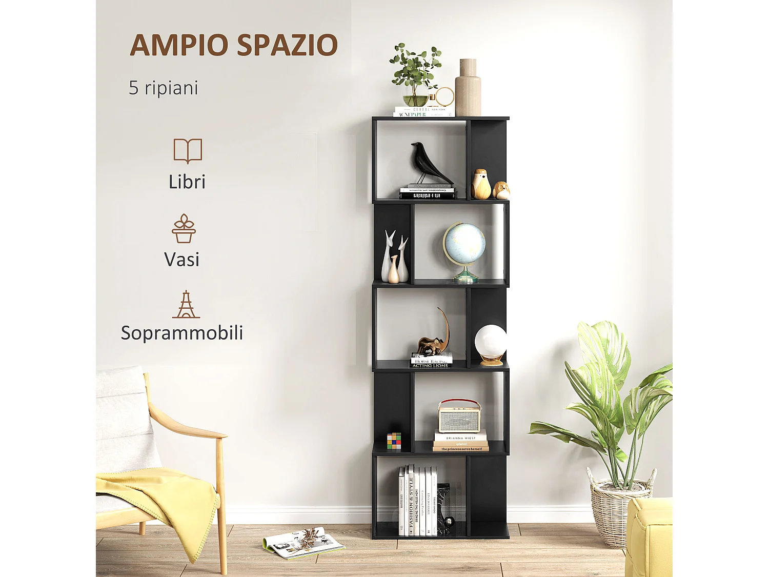 Mobile libreria stile industriale 5 ripiani in legno e acciaio