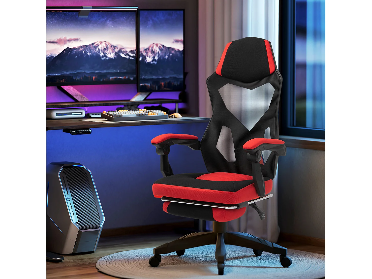 Sedia da ufficio ergonomica e reclinabile con poggiapiedi nera e rossa