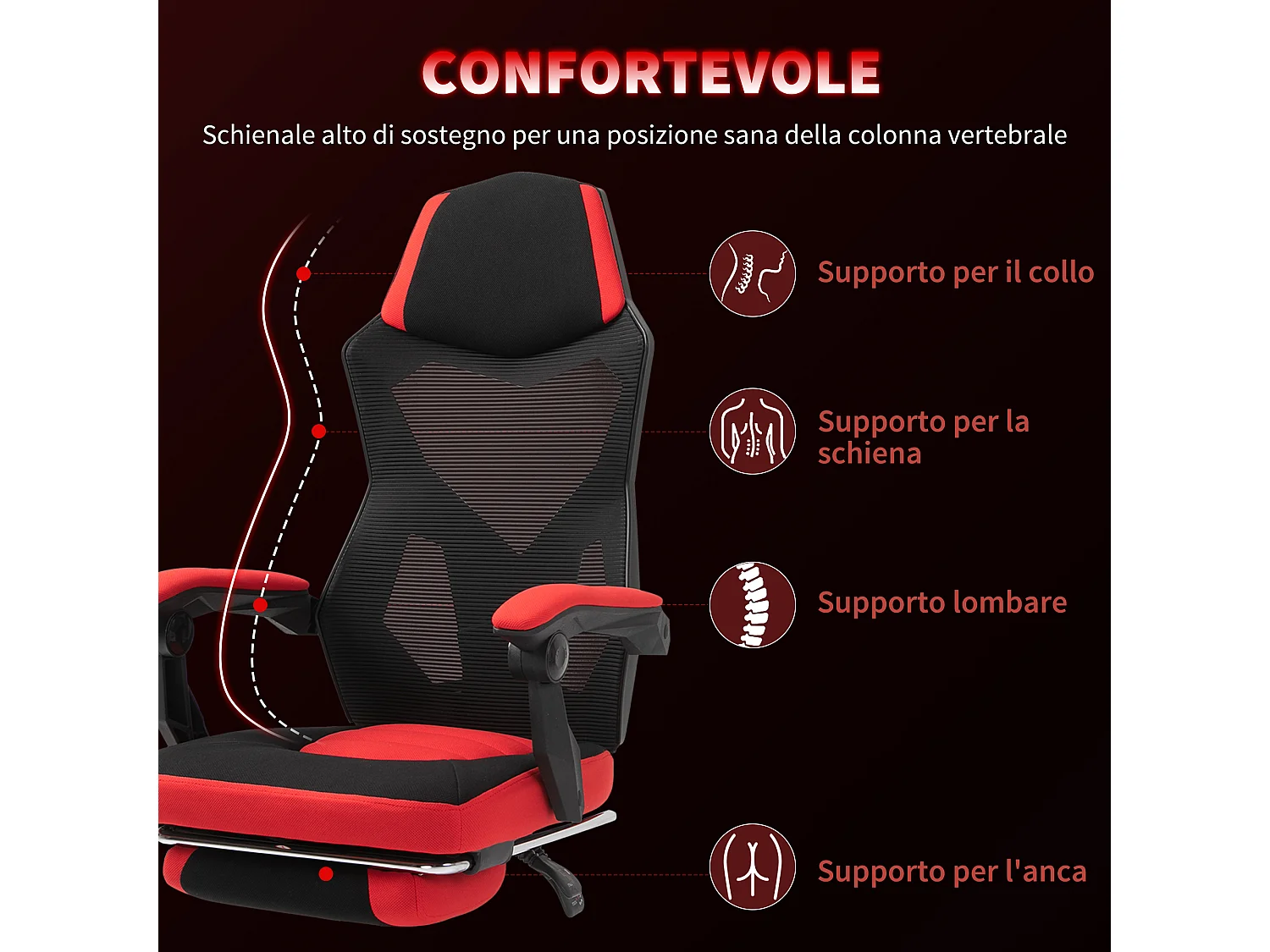 Sedia da ufficio ergonomica e reclinabile con poggiapiedi nera e rossa