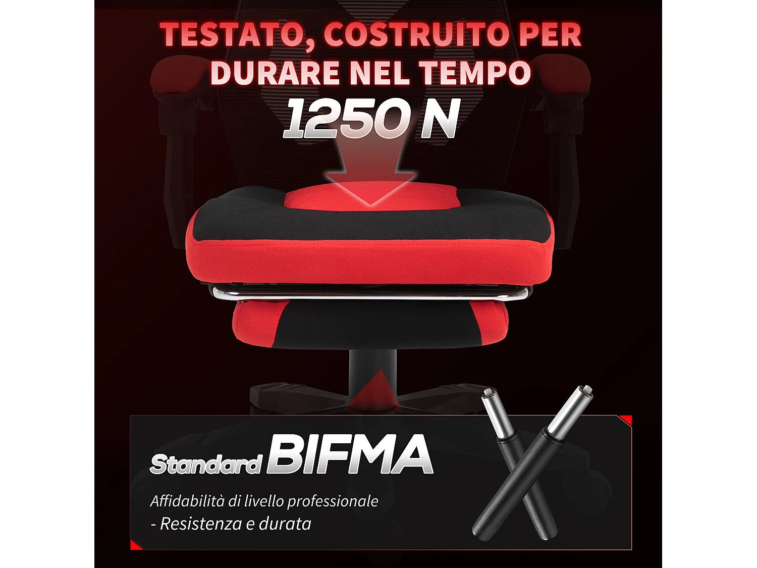 Sedia da ufficio ergonomica e reclinabile con poggiapiedi nera e rossa