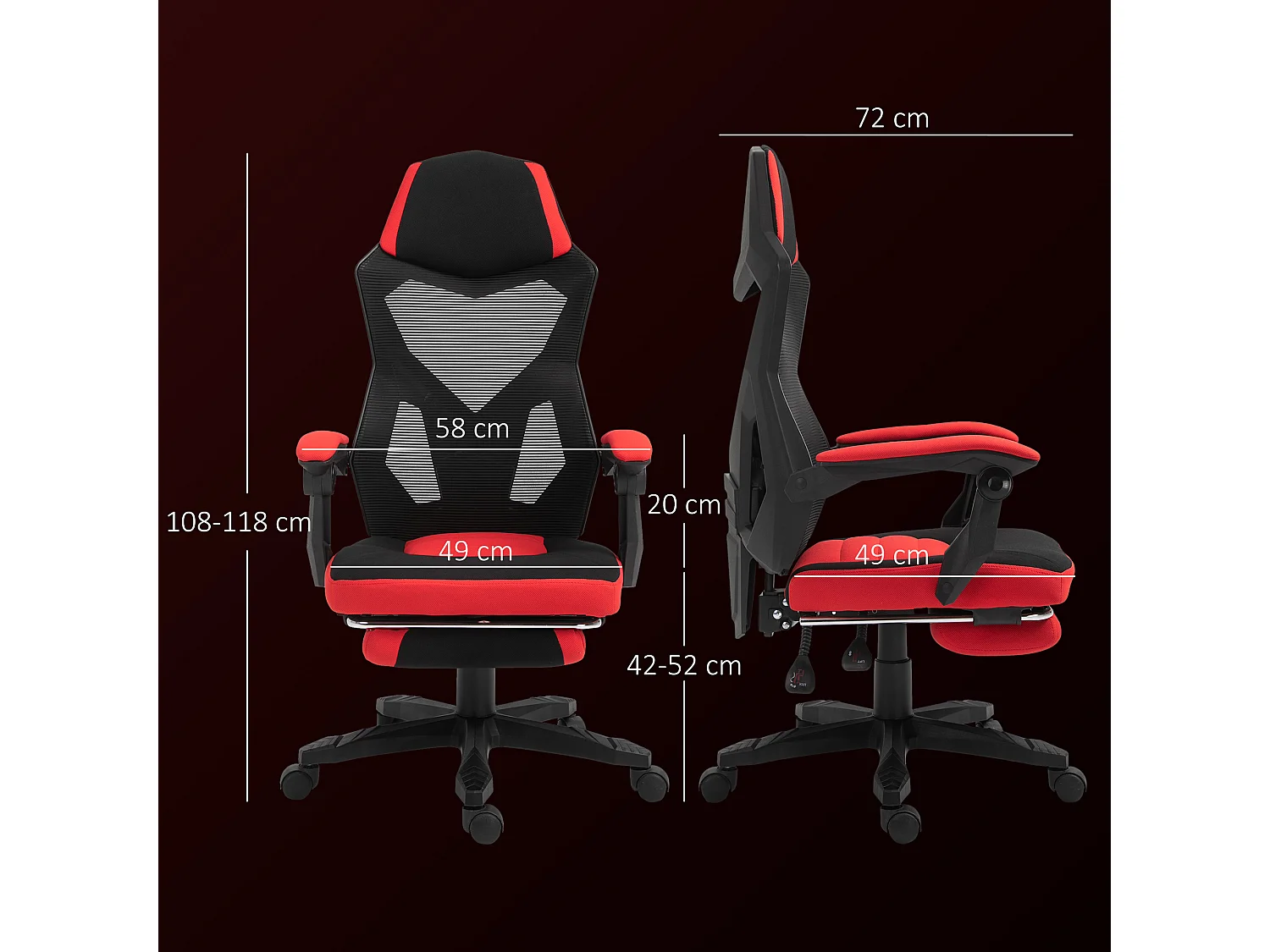 Sedia da ufficio ergonomica e reclinabile con poggiapiedi nera e rossa