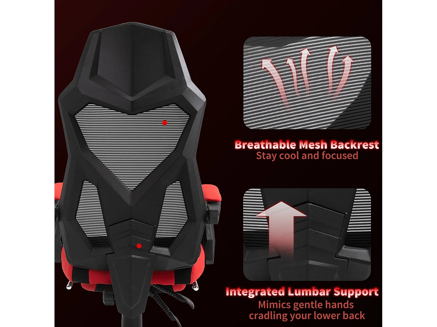 Sedia da ufficio ergonomica e reclinabile con poggiapiedi nera e rossa