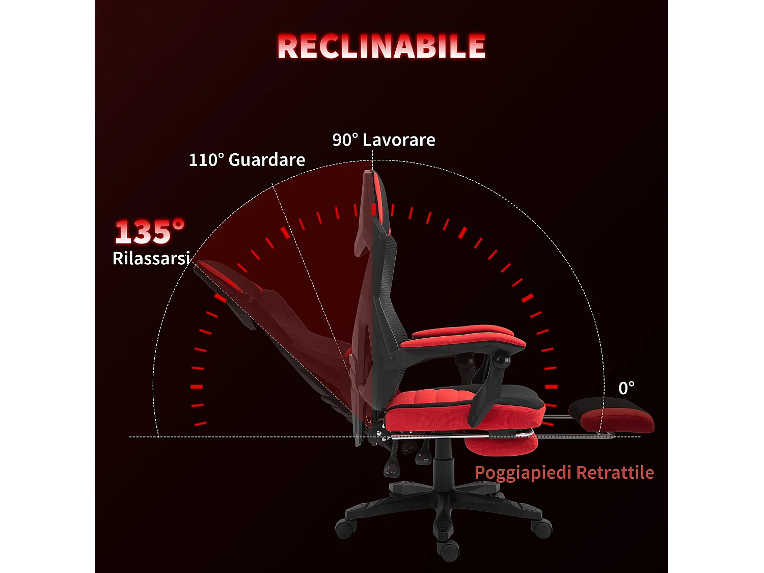 Sedia da ufficio ergonomica e reclinabile con poggiapiedi nera e rossa