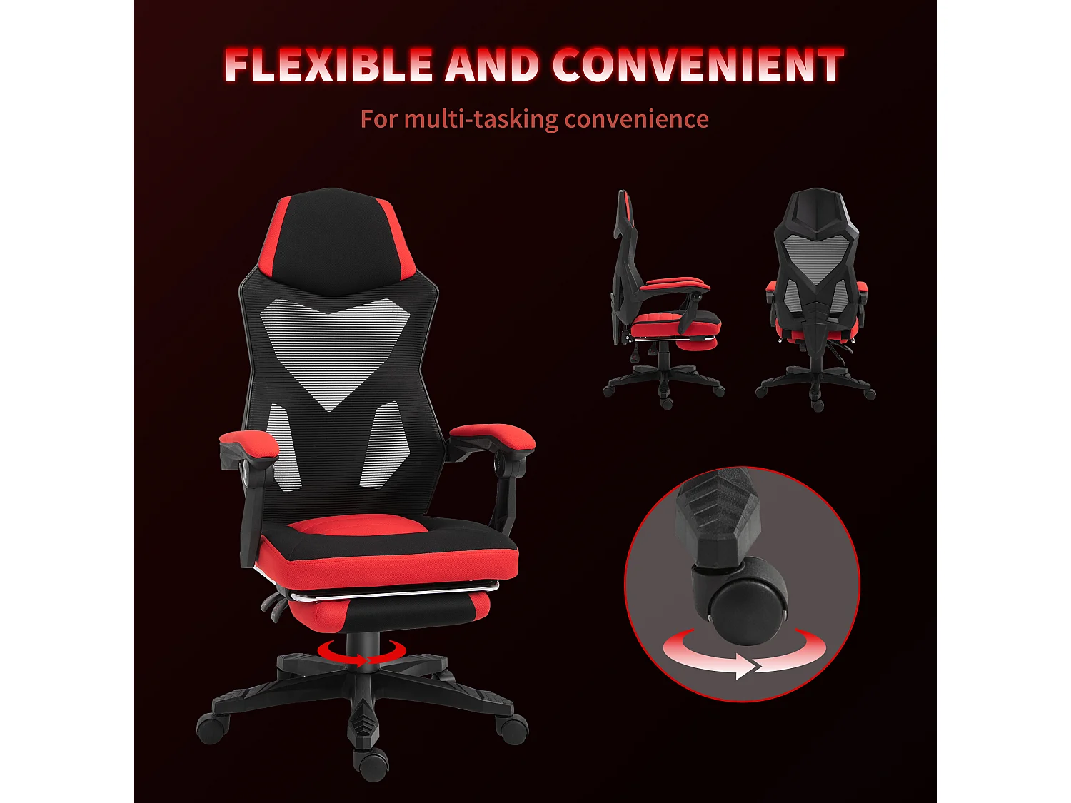 Sedia da ufficio ergonomica e reclinabile con poggiapiedi nera e rossa