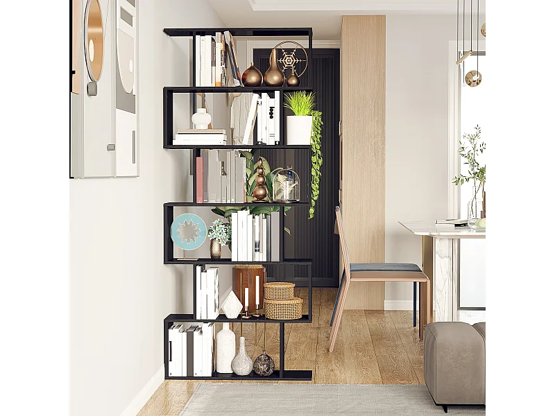 Libreria industriale vintage con 6 mensole in legno e metallo nero