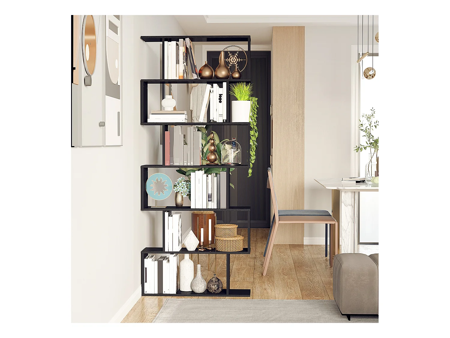 Libreria industriale vintage con 6 mensole in legno e metallo nero