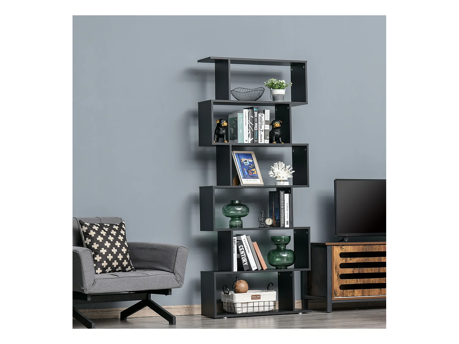 Libreria industriale vintage con 6 mensole in legno e metallo nero