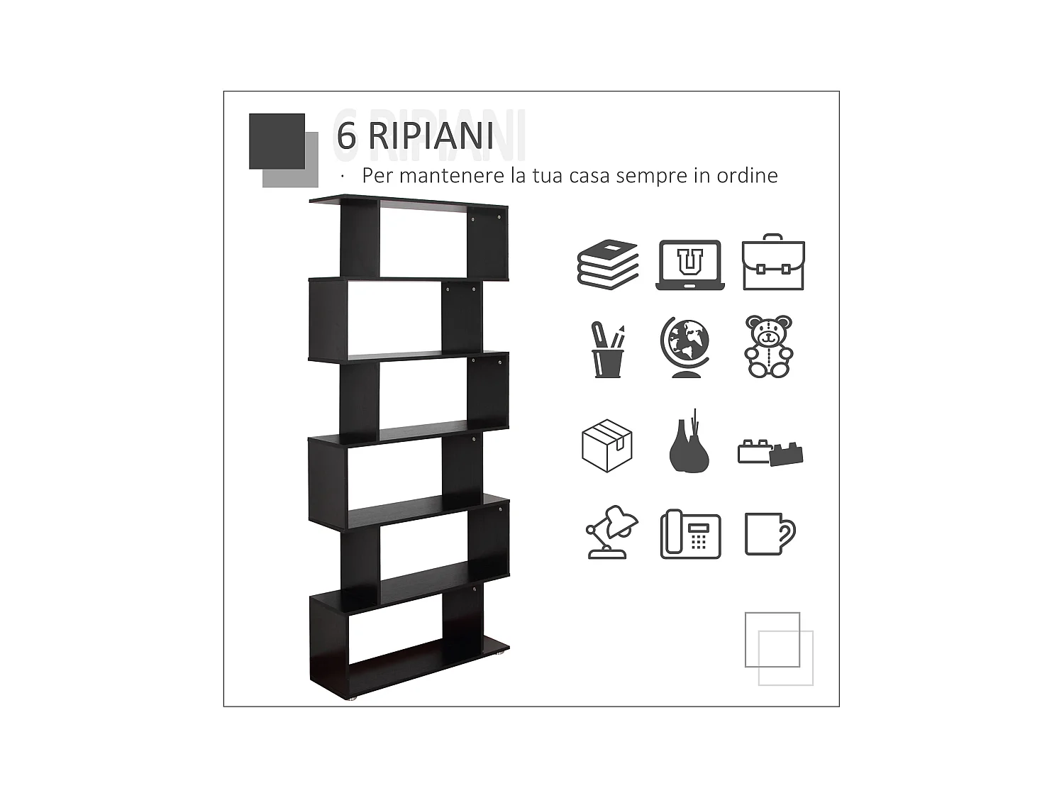 Libreria industriale vintage con 6 mensole in legno e metallo nero