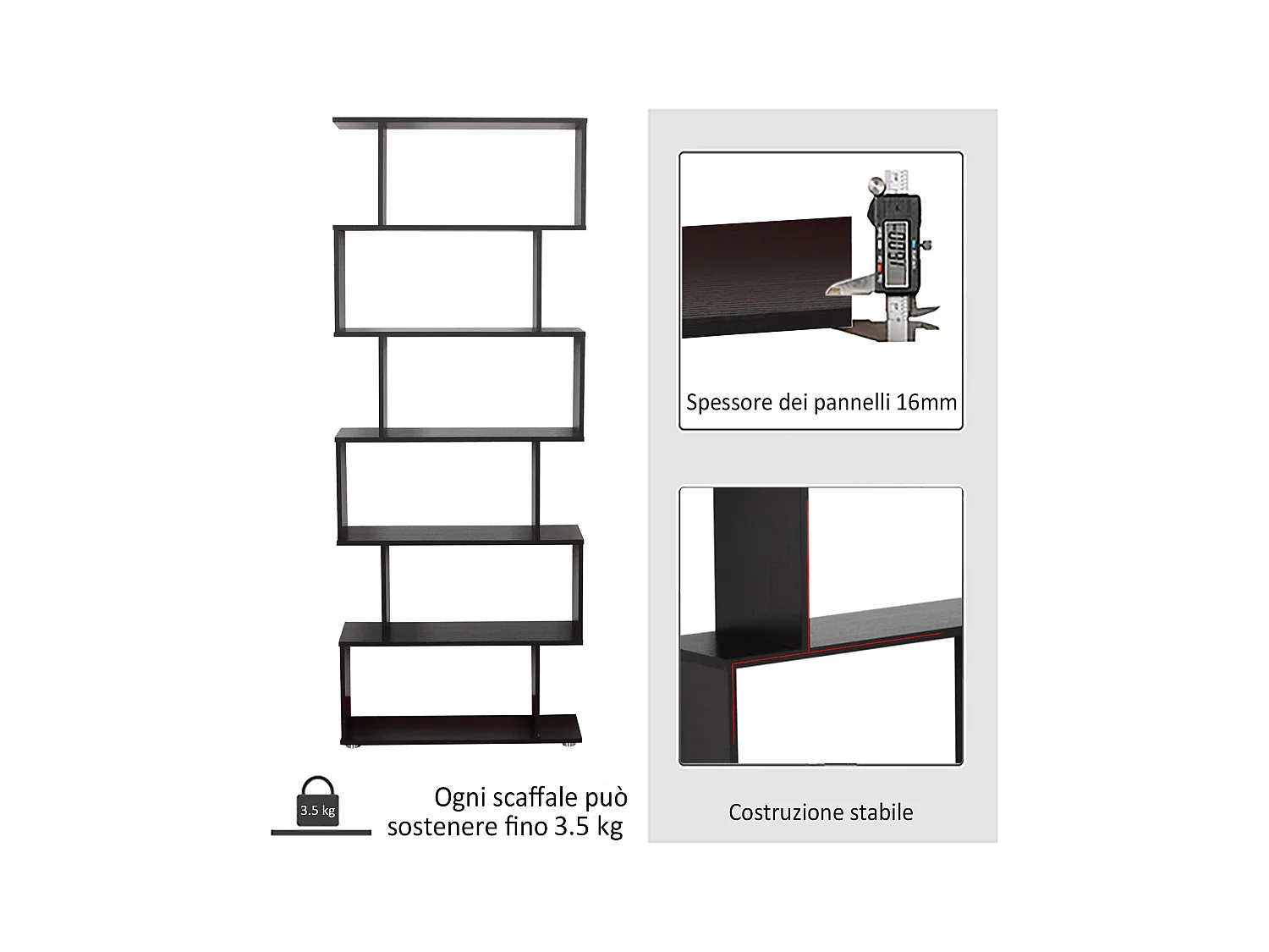 Libreria industriale vintage con 6 mensole in legno e metallo nero