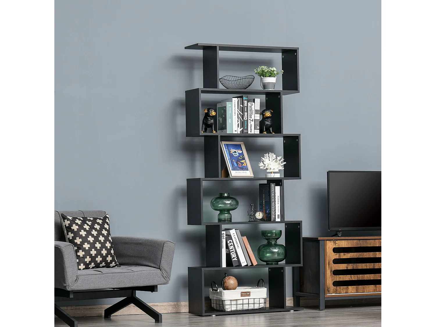 Libreria industriale vintage con 6 mensole in legno e metallo nero