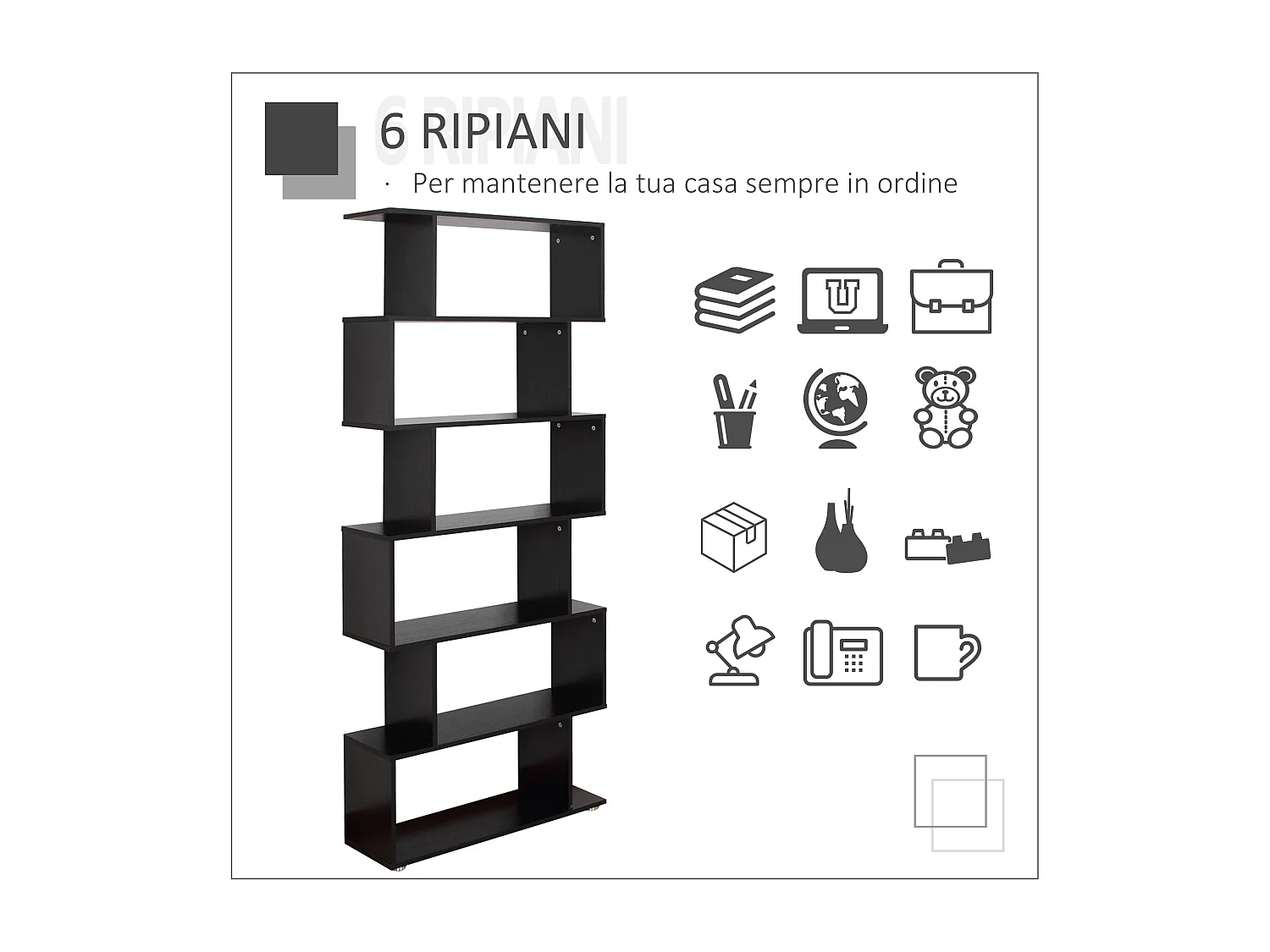 Libreria industriale vintage con 6 mensole in legno e metallo nero