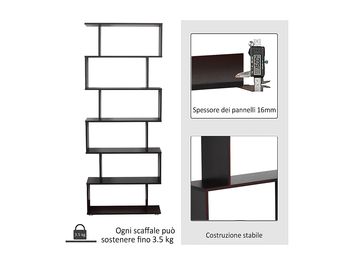 Libreria industriale vintage con 6 mensole in legno e metallo nero