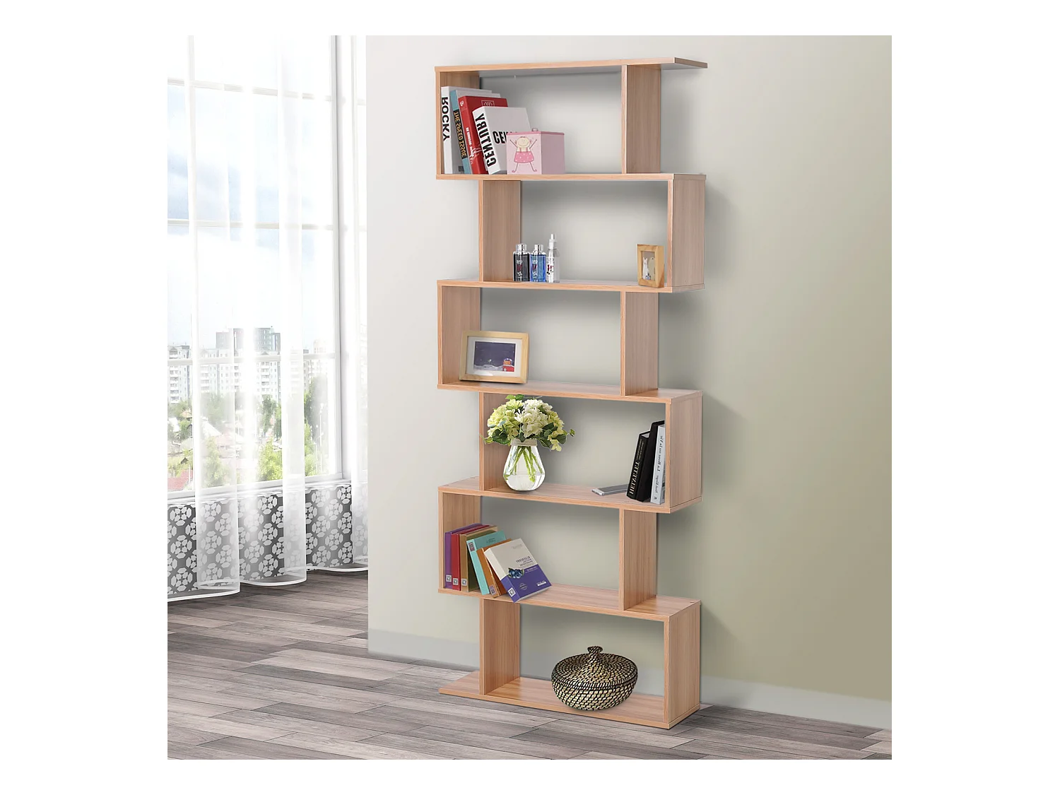 Scaffale libreria a scala 3 mensole e armadietto stile nordico