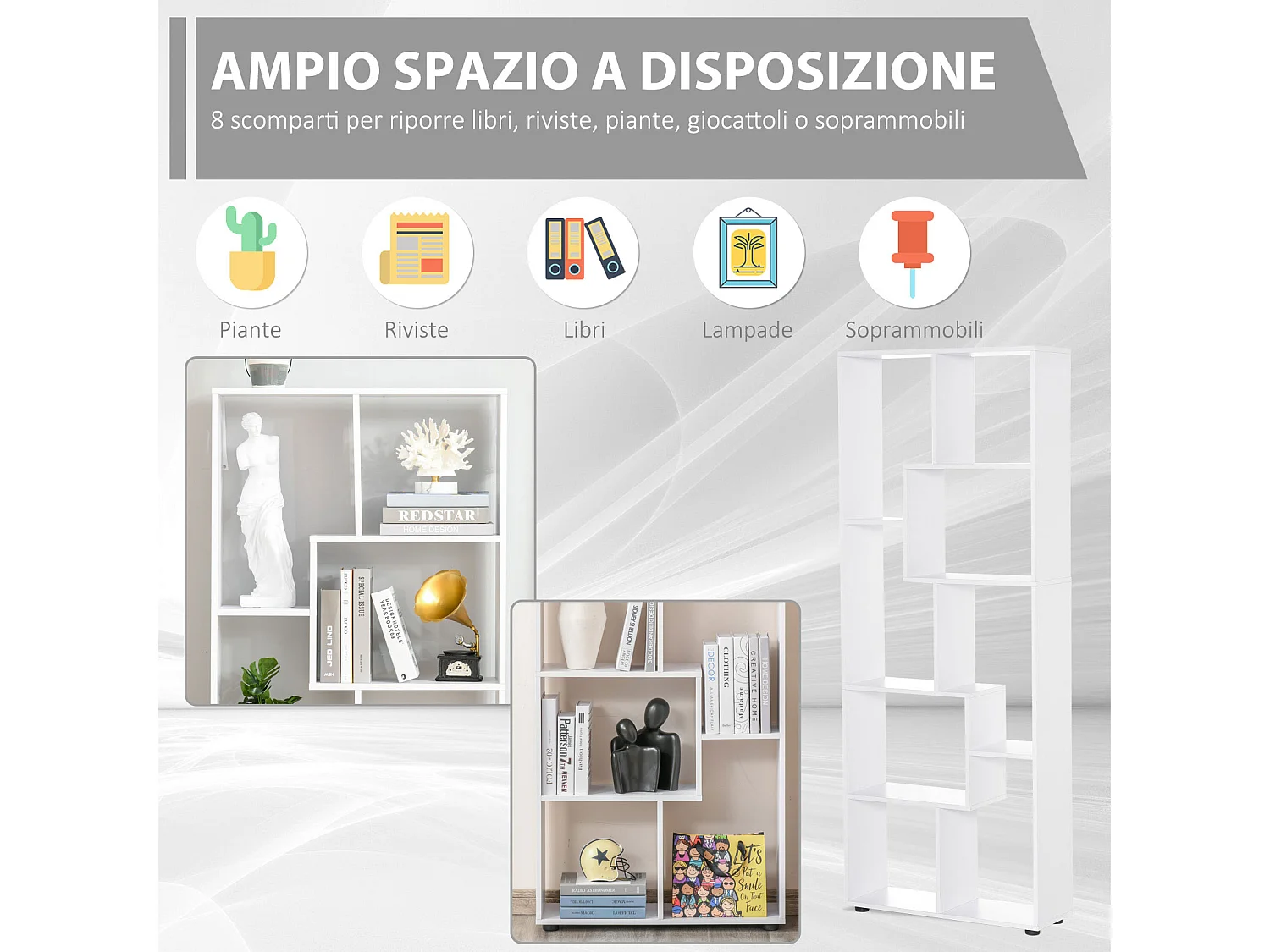 Mobile libreria a cubi con 7 ripiani di diverse dimensioni in mdf noce