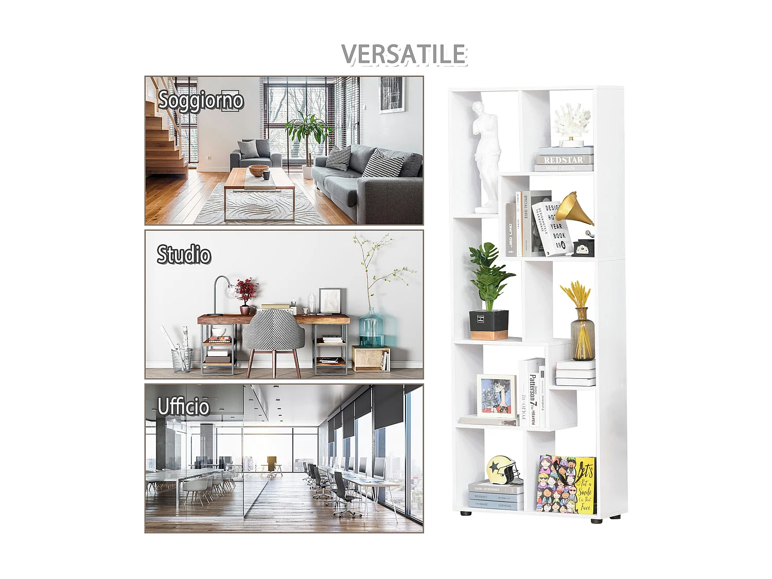 Mobile libreria a cubi con 7 ripiani di diverse dimensioni in mdf noce