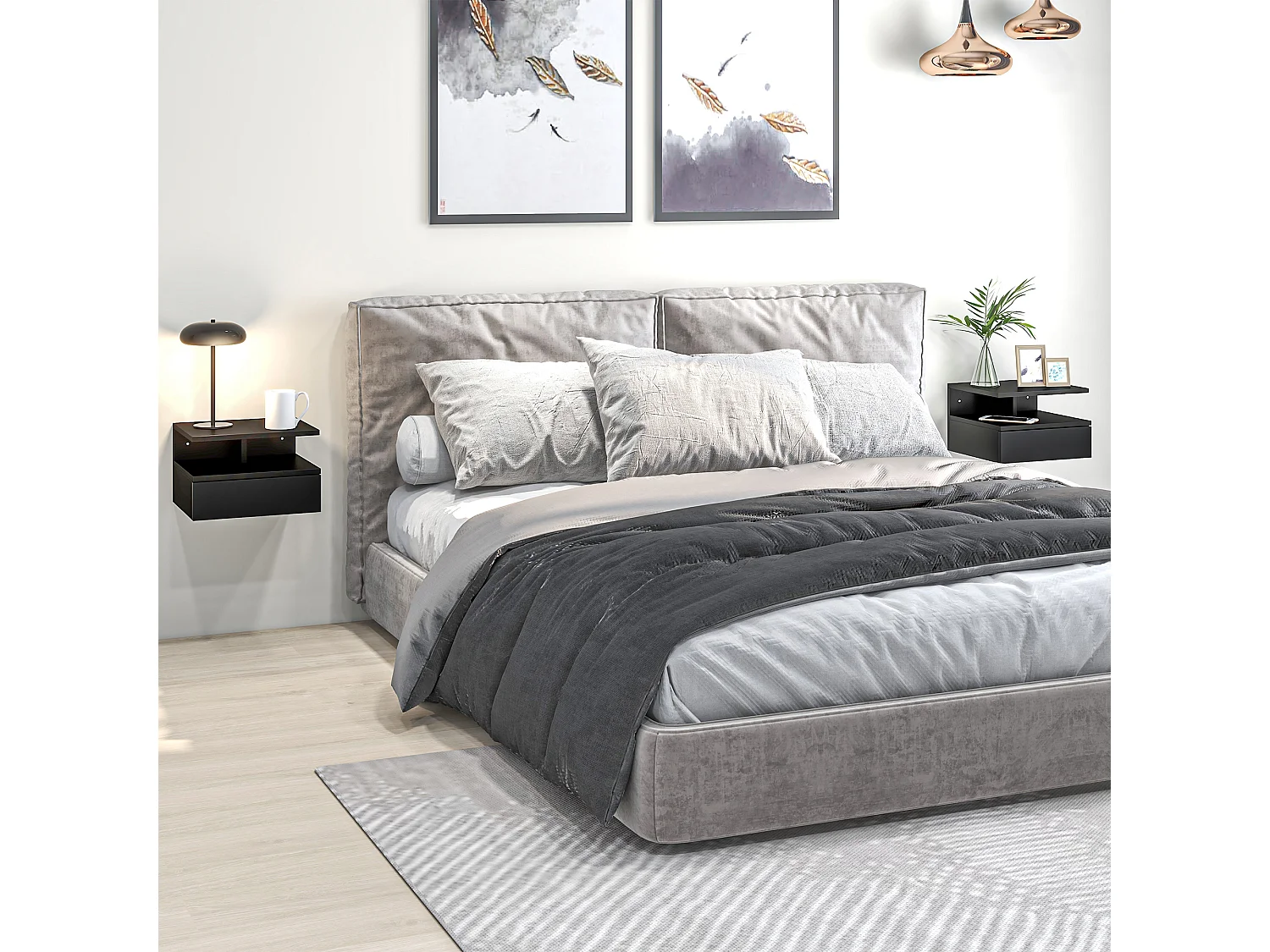 Set 2 comodini sospesi con cassetto e mensola 35x32x22.5cm