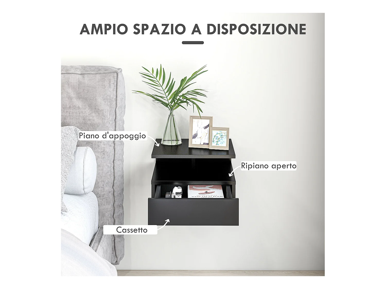 Set 2 comodini sospesi con cassetto e mensola 35x32x22.5cm