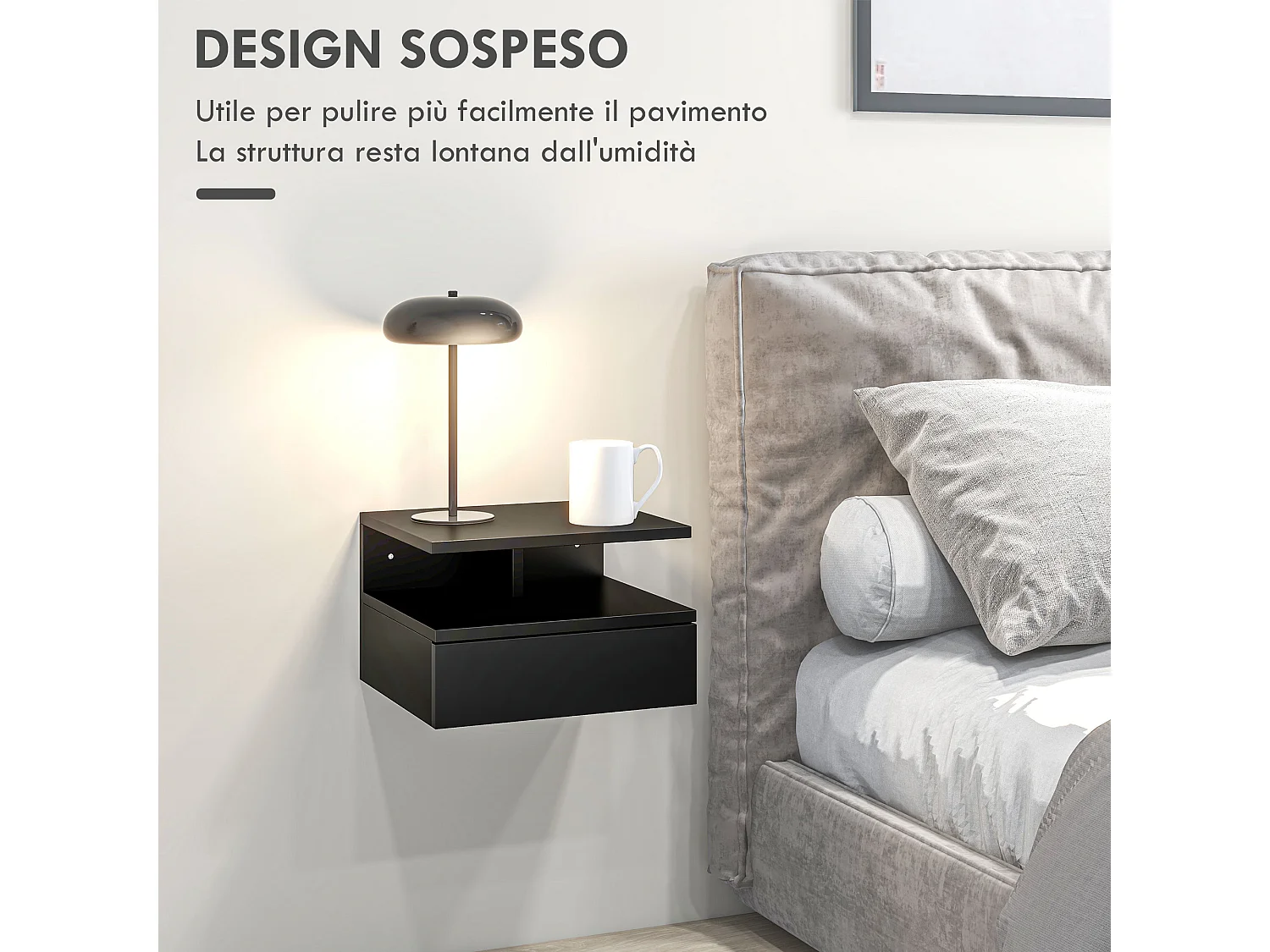 Set 2 comodini sospesi con cassetto e mensola 35x32x22.5cm