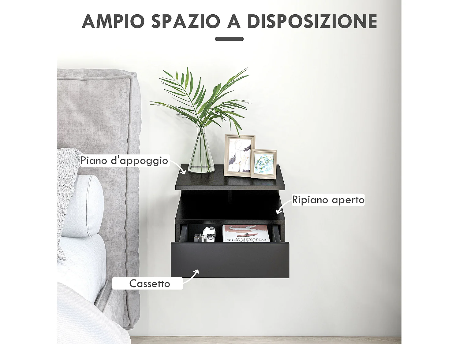 Set 2 comodini sospesi con cassetto e mensola 35x32x22.5cm