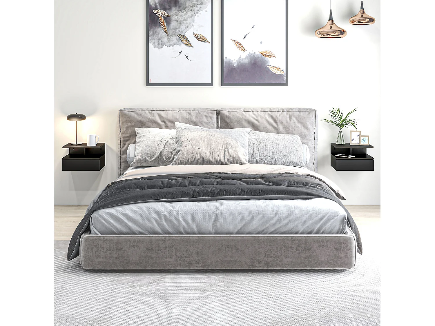 Set 2 comodini sospesi con cassetto e mensola 35x32x22.5cm