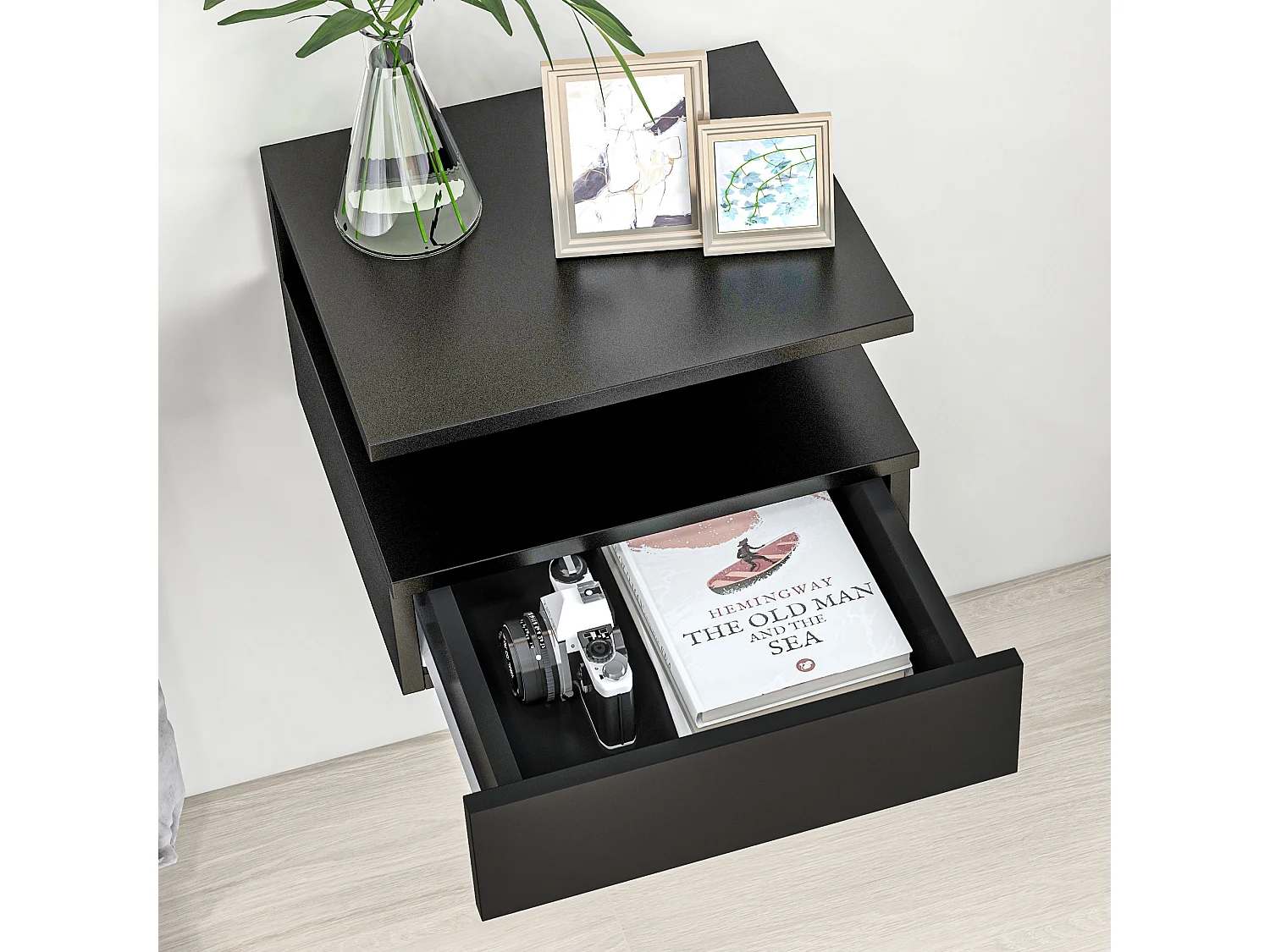 Set 2 comodini sospesi con cassetto e mensola 35x32x22.5cm