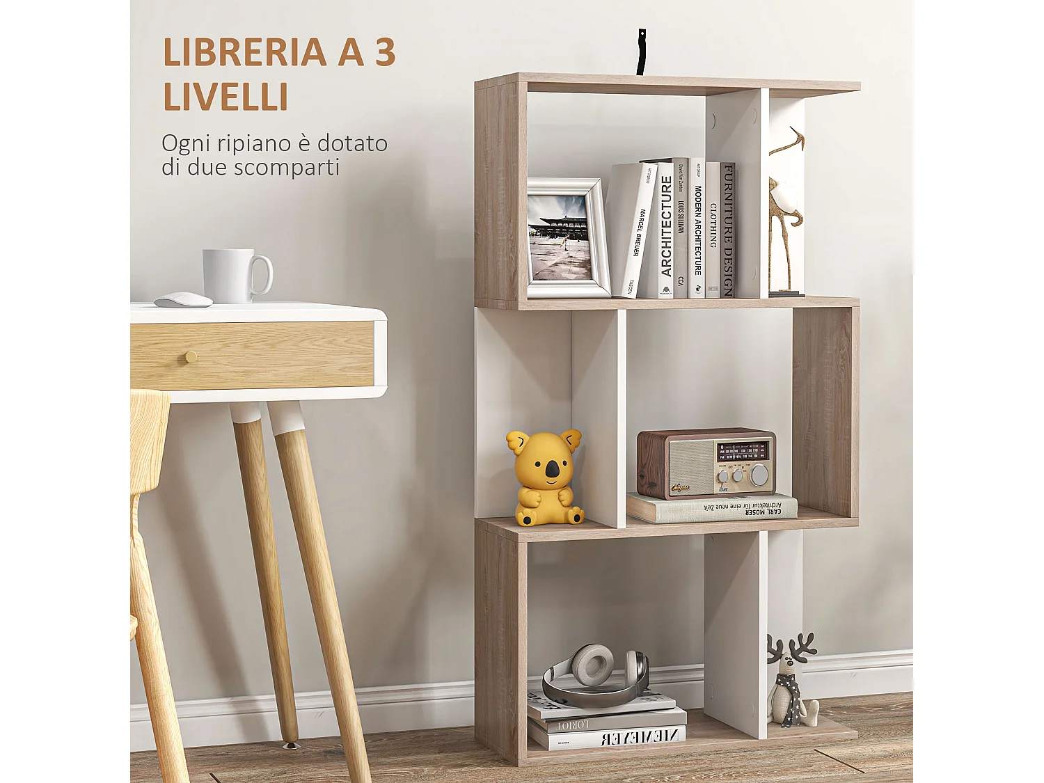 Libreria moderna asimmetrica con 5 ripiani 70x29.5x163 cm marrone