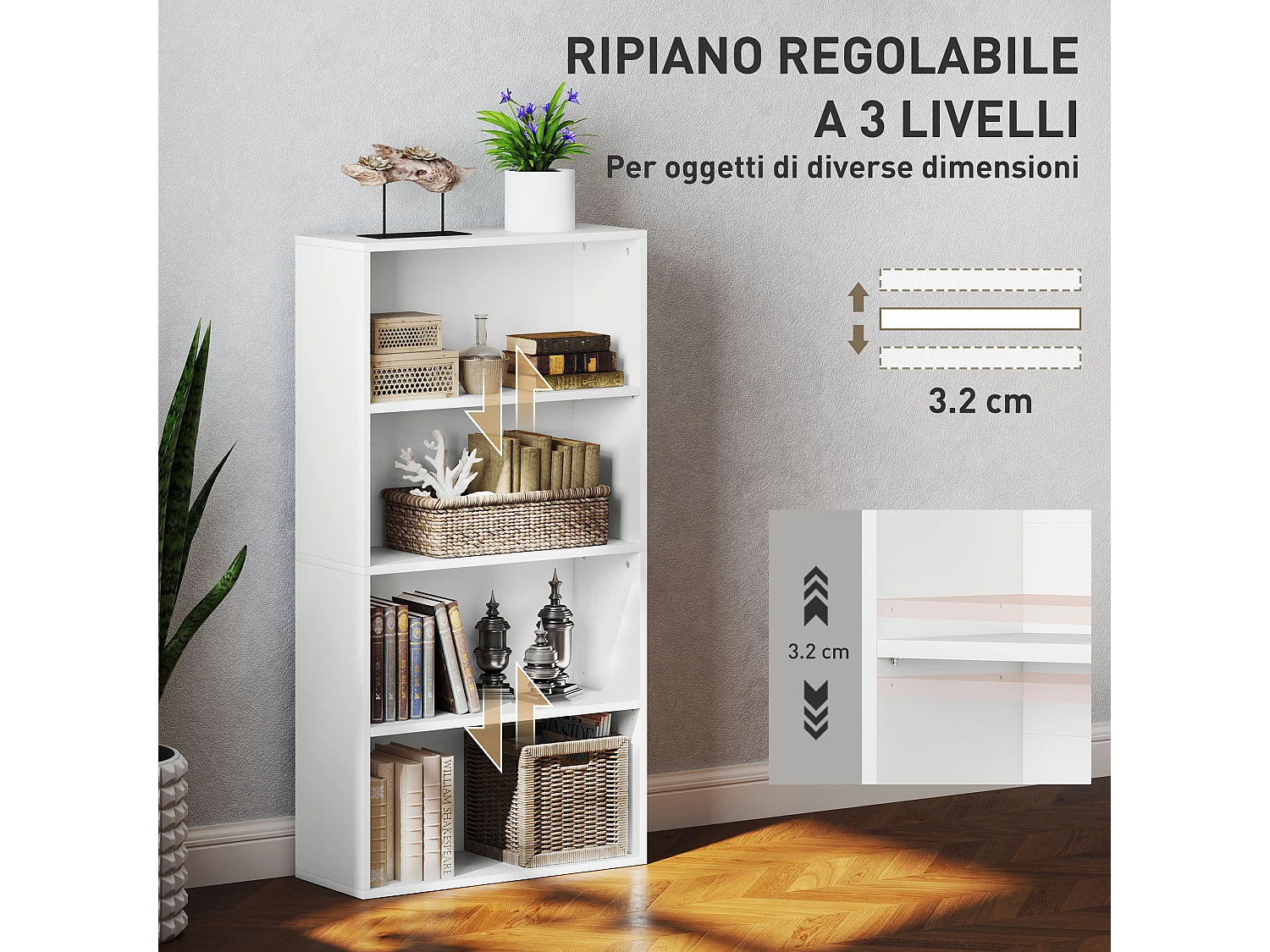 Libreria moderna a S con 5 ripiani e armadietto in legno bianco