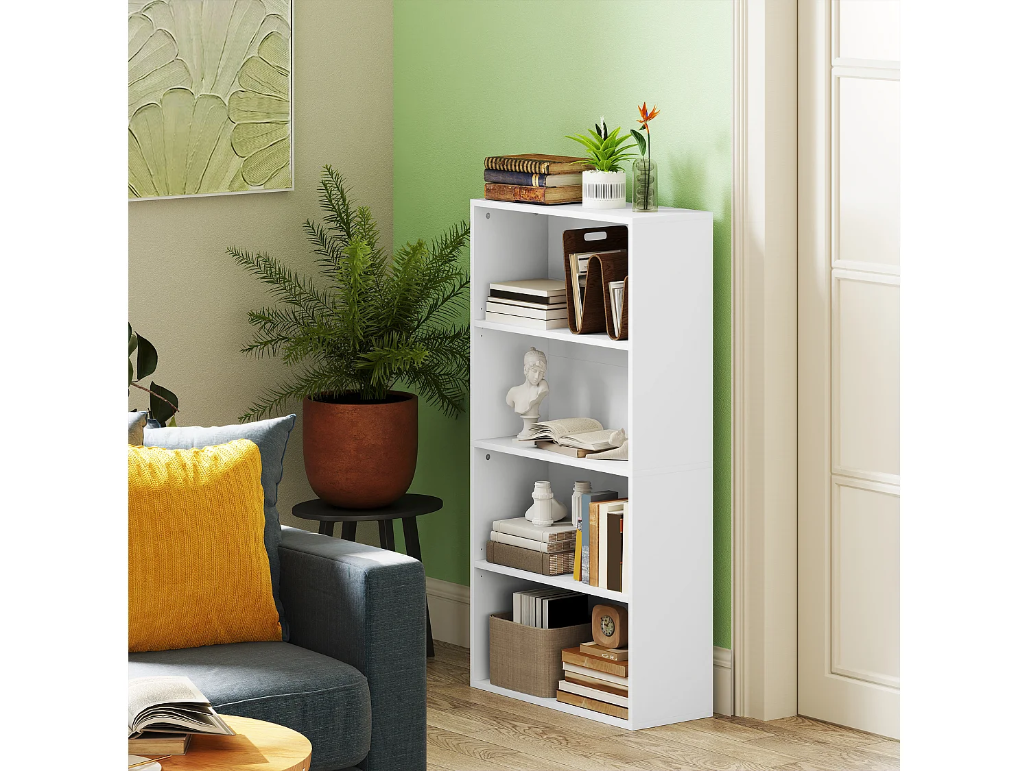 Libreria moderna a S con 5 ripiani e armadietto in legno bianco