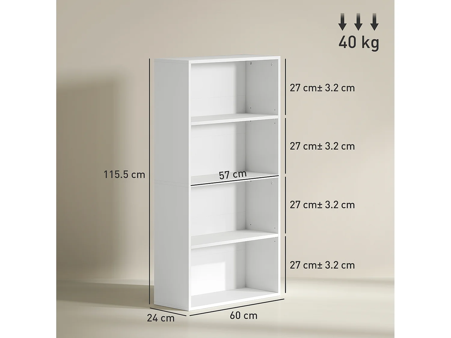 Libreria moderna a S con 5 ripiani e armadietto in legno bianco