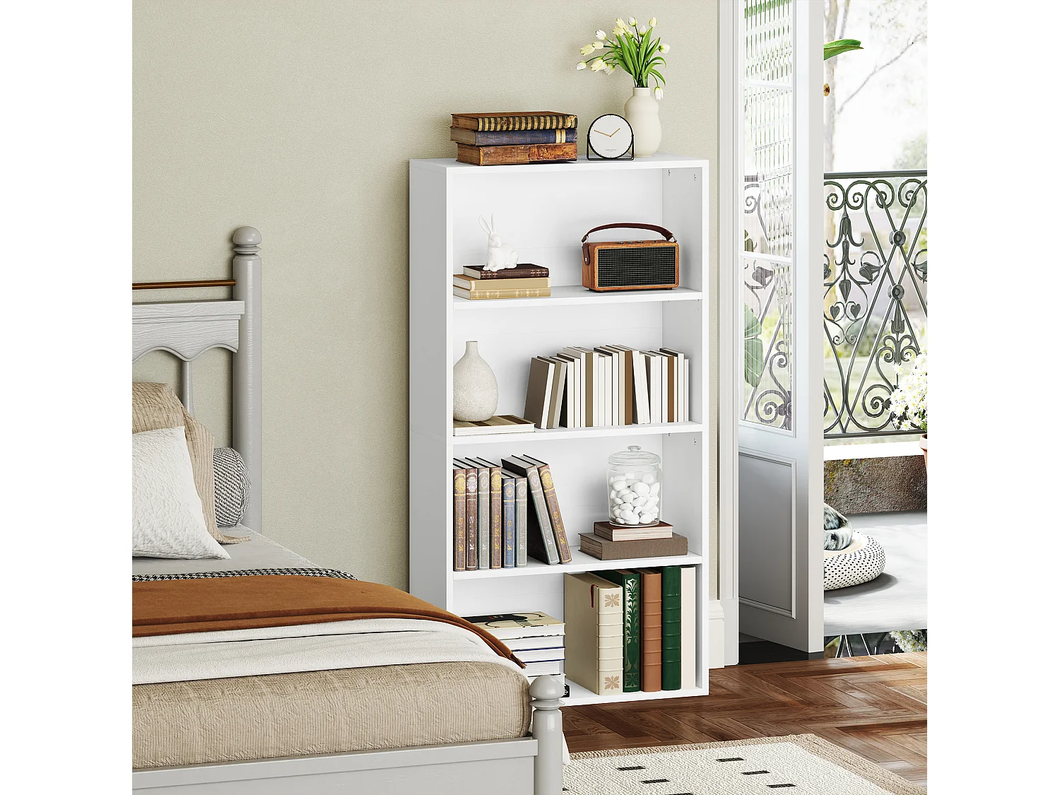 Libreria moderna a S con 5 ripiani e armadietto in legno bianco