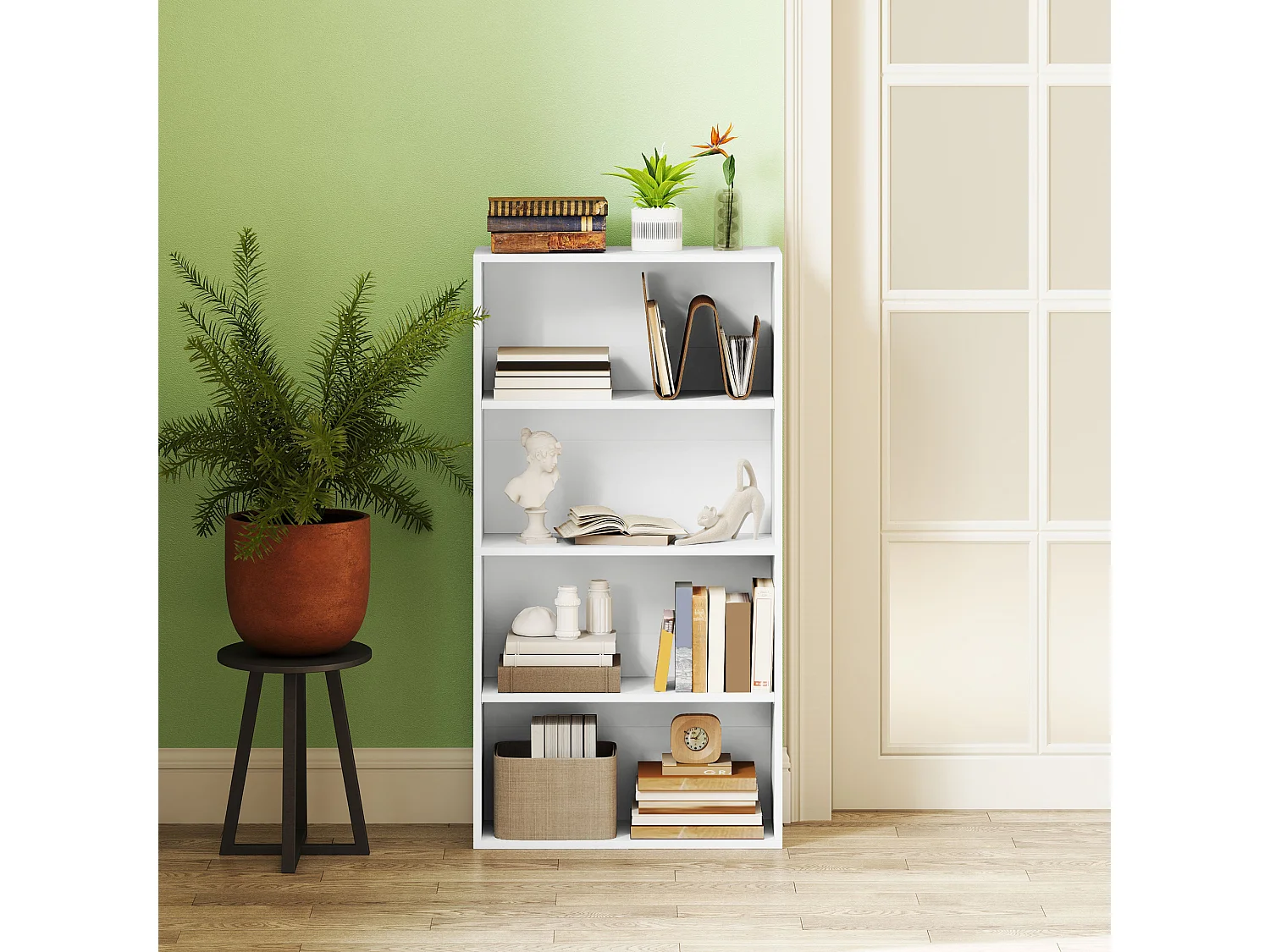 Libreria moderna a S con 5 ripiani e armadietto in legno bianco