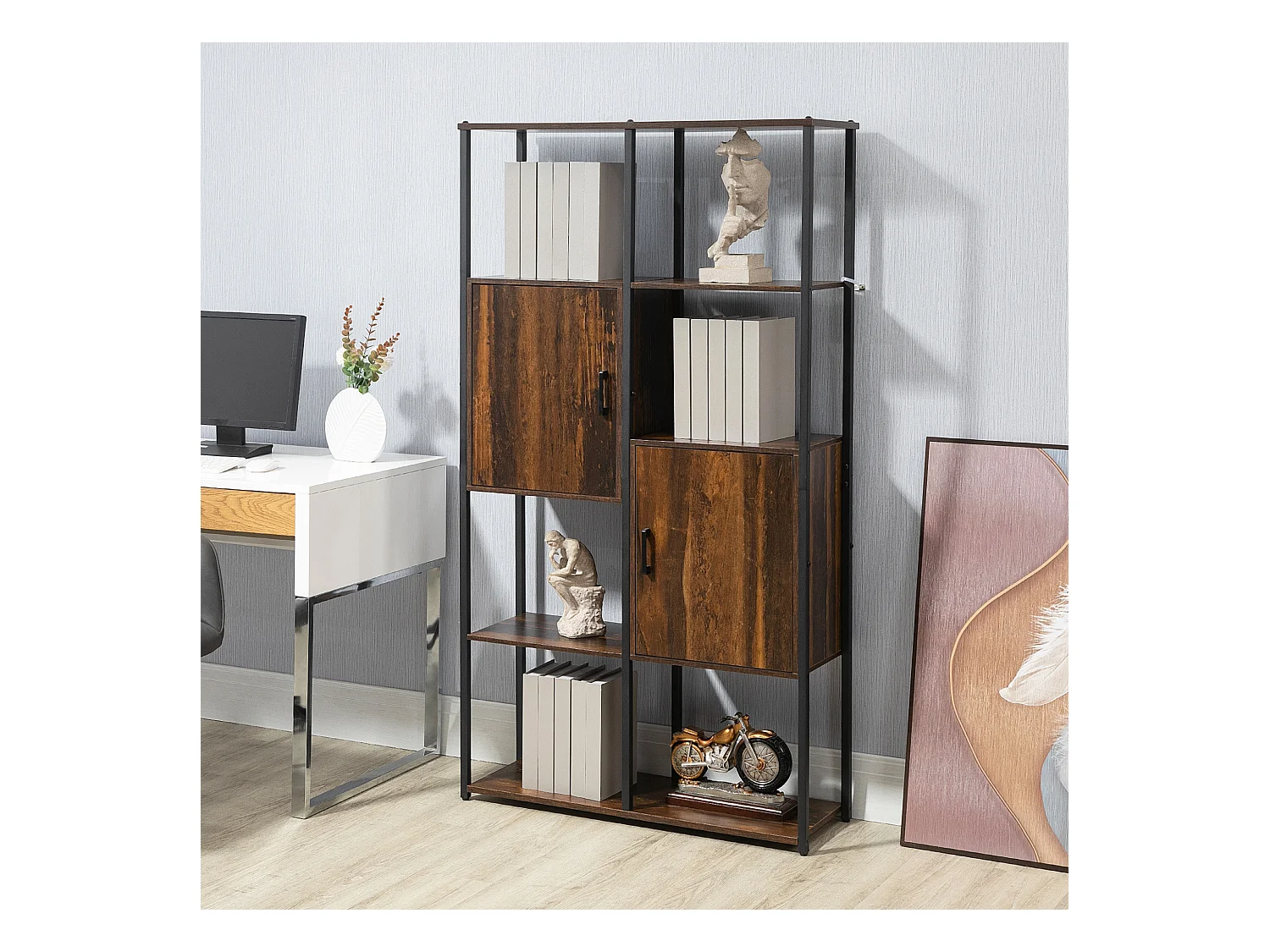 Libreria angolare in legno stile industriale con 5 ripiani