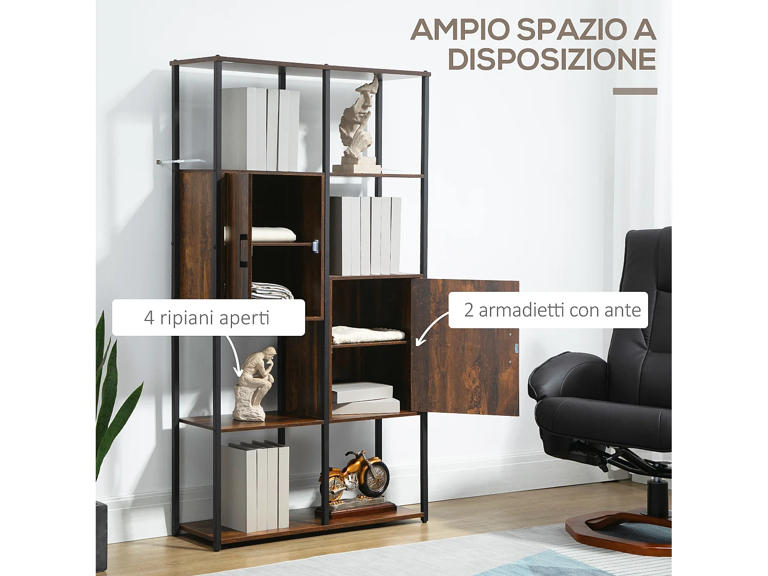 Libreria angolare in legno stile industriale con 5 ripiani