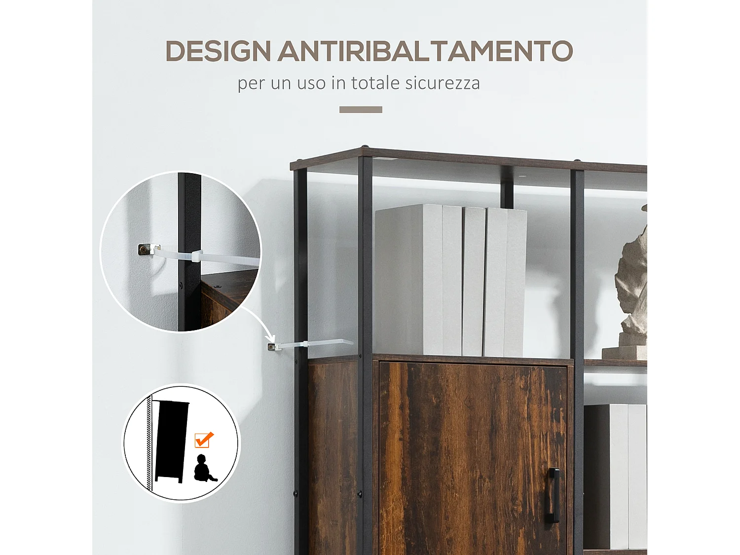 Libreria angolare in legno stile industriale con 5 ripiani