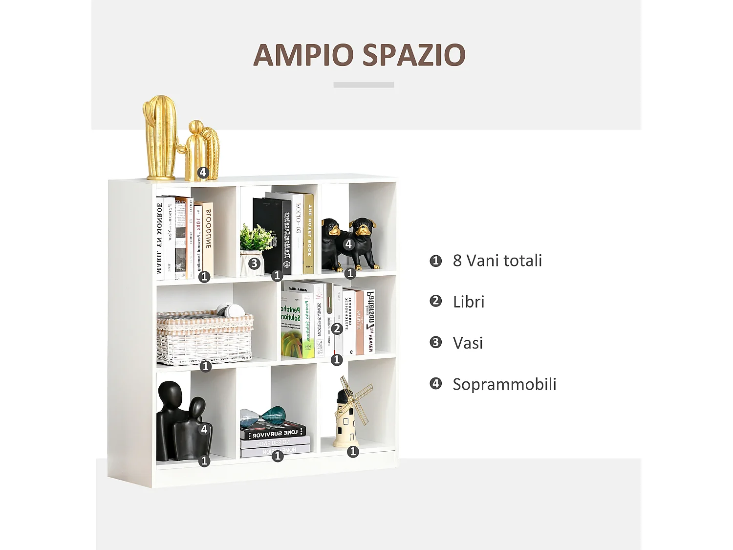 Mobile libreria a 4 ripiani con 2 scaffali flessibili in legno bianco