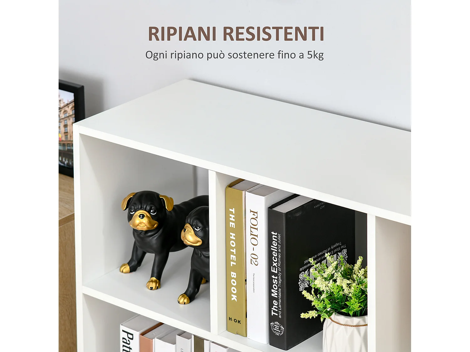 Mobile libreria a 4 ripiani con 2 scaffali flessibili in legno bianco