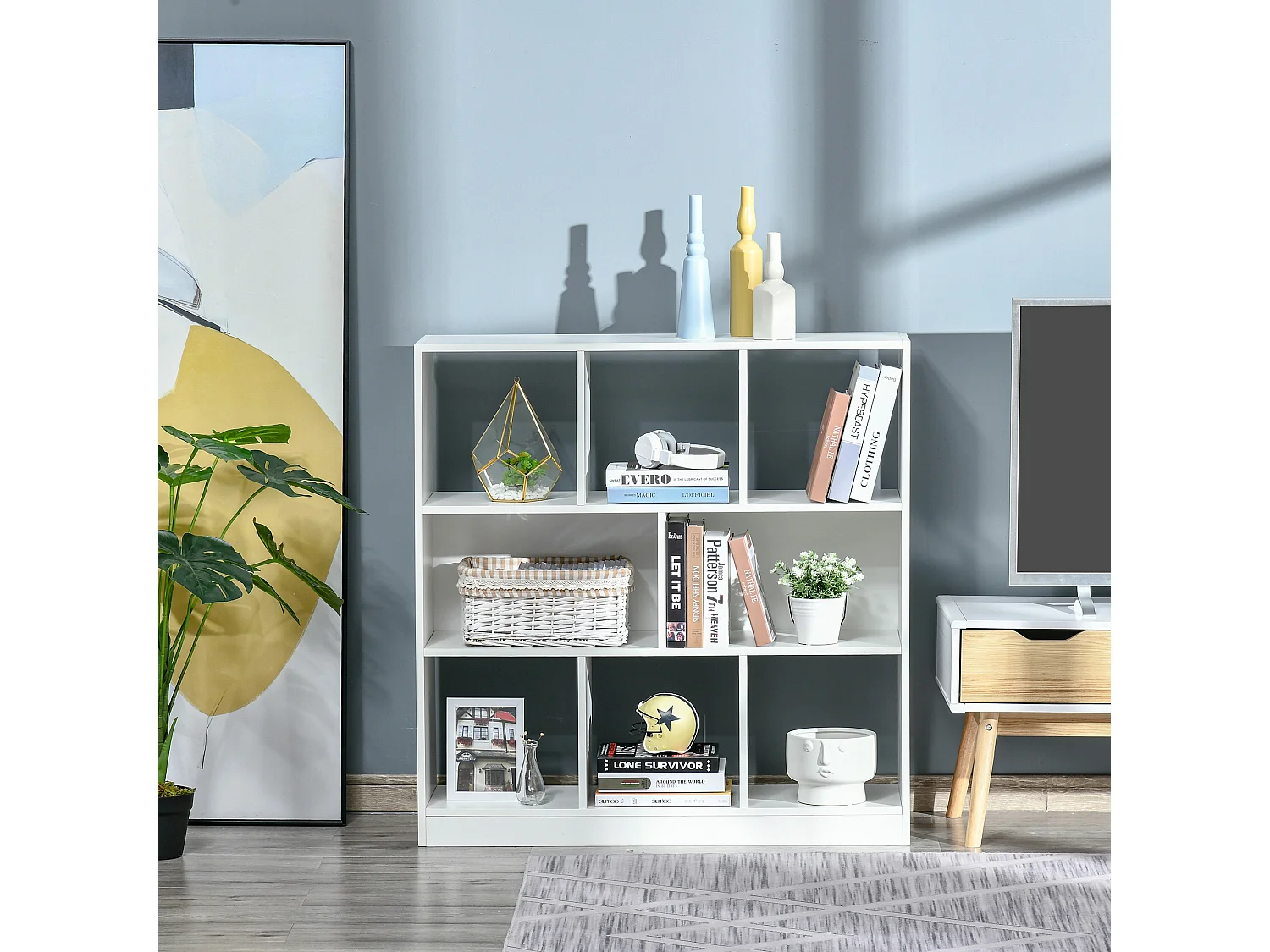 Mobile libreria a 4 ripiani con 2 scaffali flessibili in legno bianco