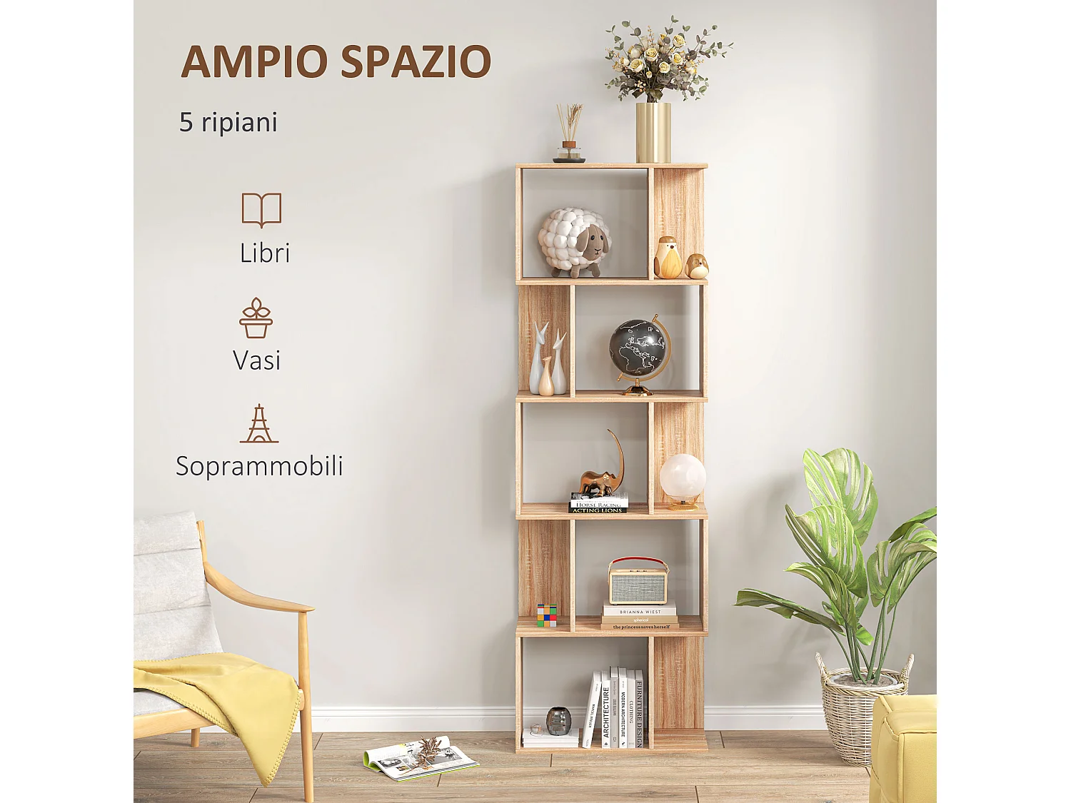 Mobile libreria a 7 livelli in truciolato e acciaio nero