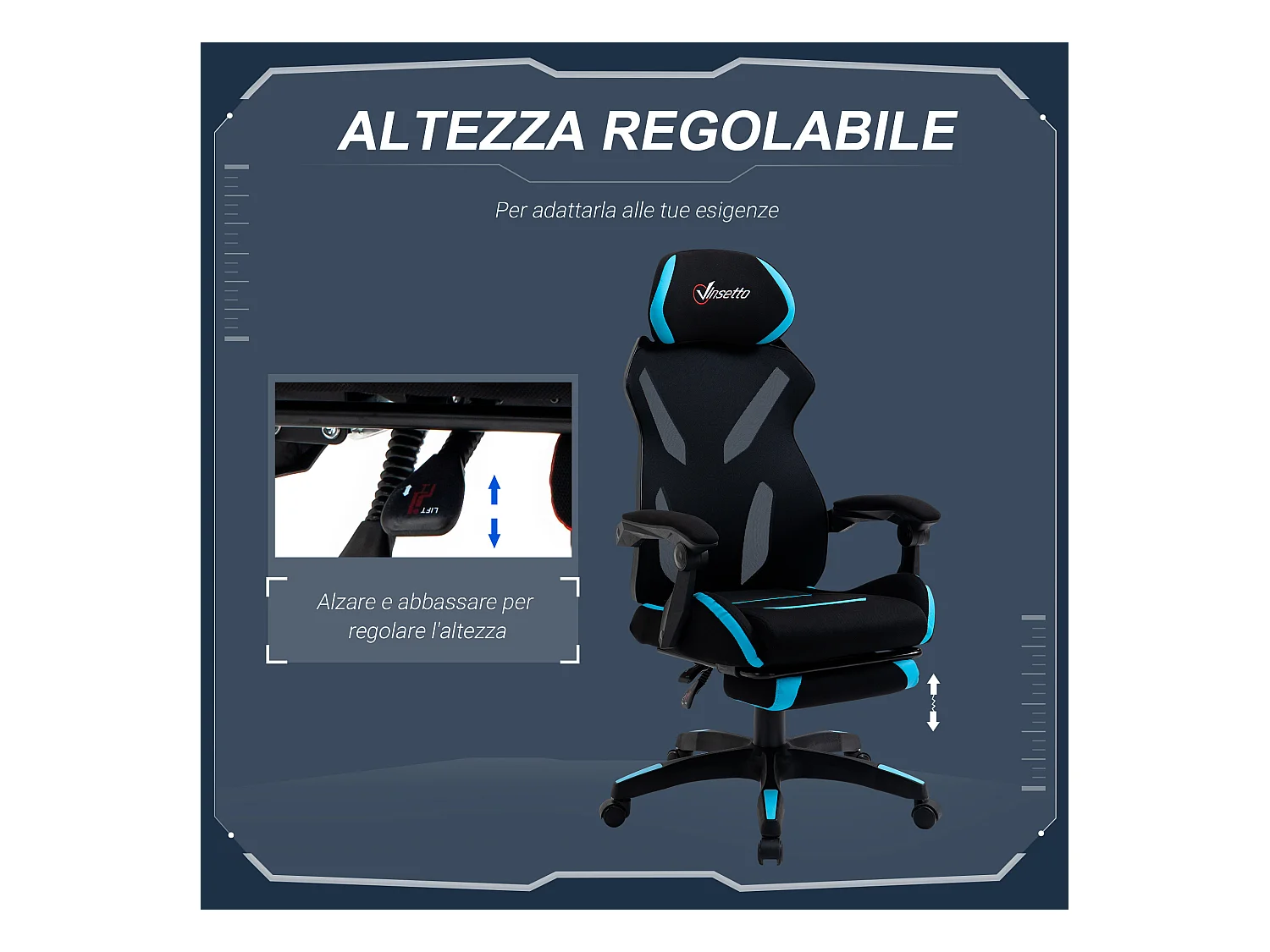 Sedia gaming ufficio racer ergonomica in tessuto nero e blu