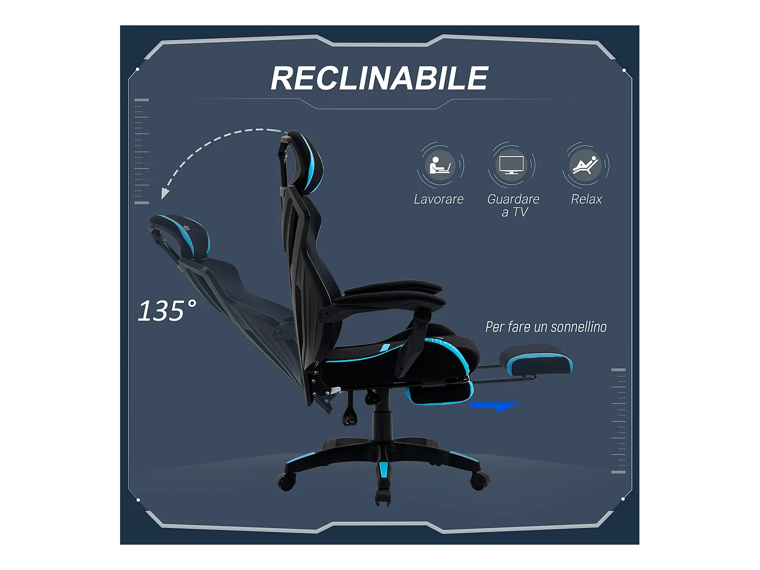 Sedia gaming ufficio racer ergonomica in tessuto nero e blu
