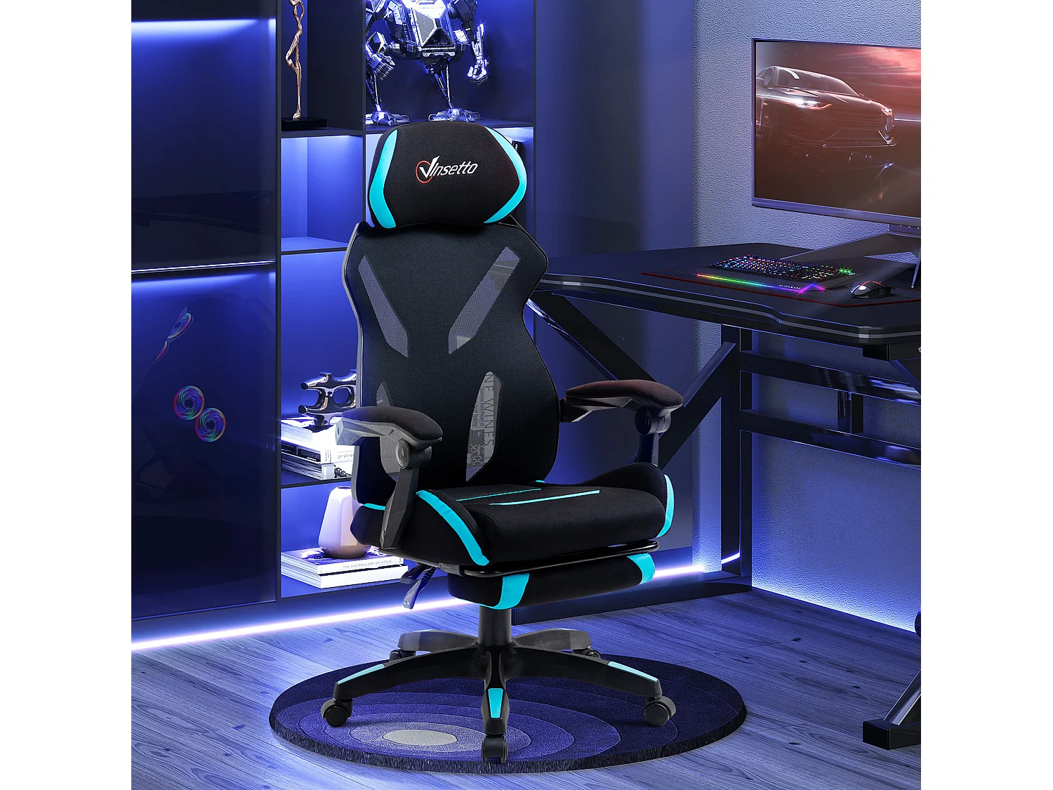 Sedia gaming ufficio racer ergonomica in tessuto nero e blu