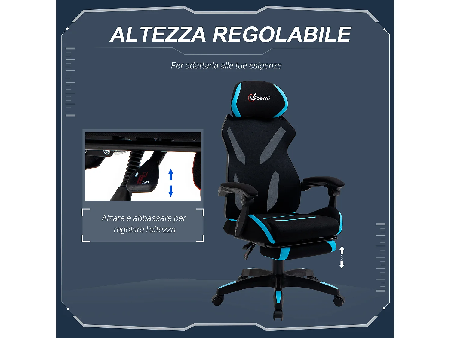Sedia gaming ufficio racer ergonomica in tessuto nero e blu