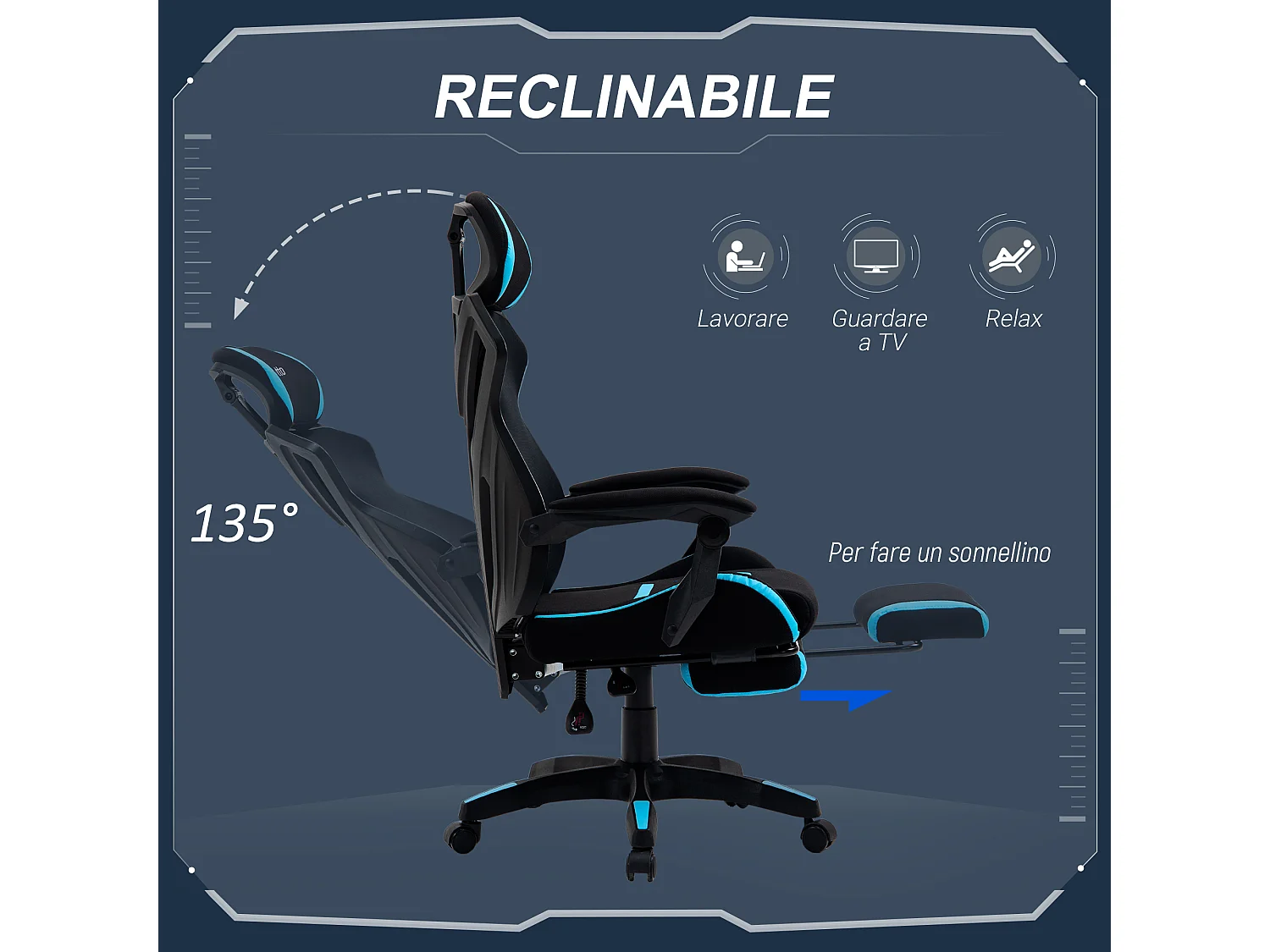 Sedia gaming ufficio racer ergonomica in tessuto nero e blu