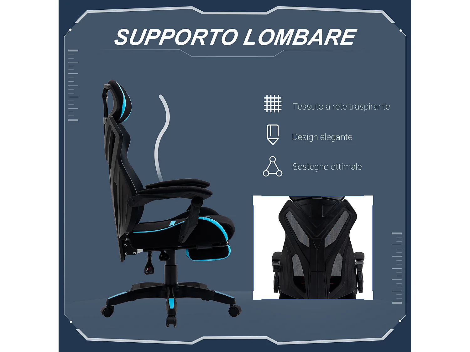 Sedia gaming ufficio racer ergonomica in tessuto nero e blu