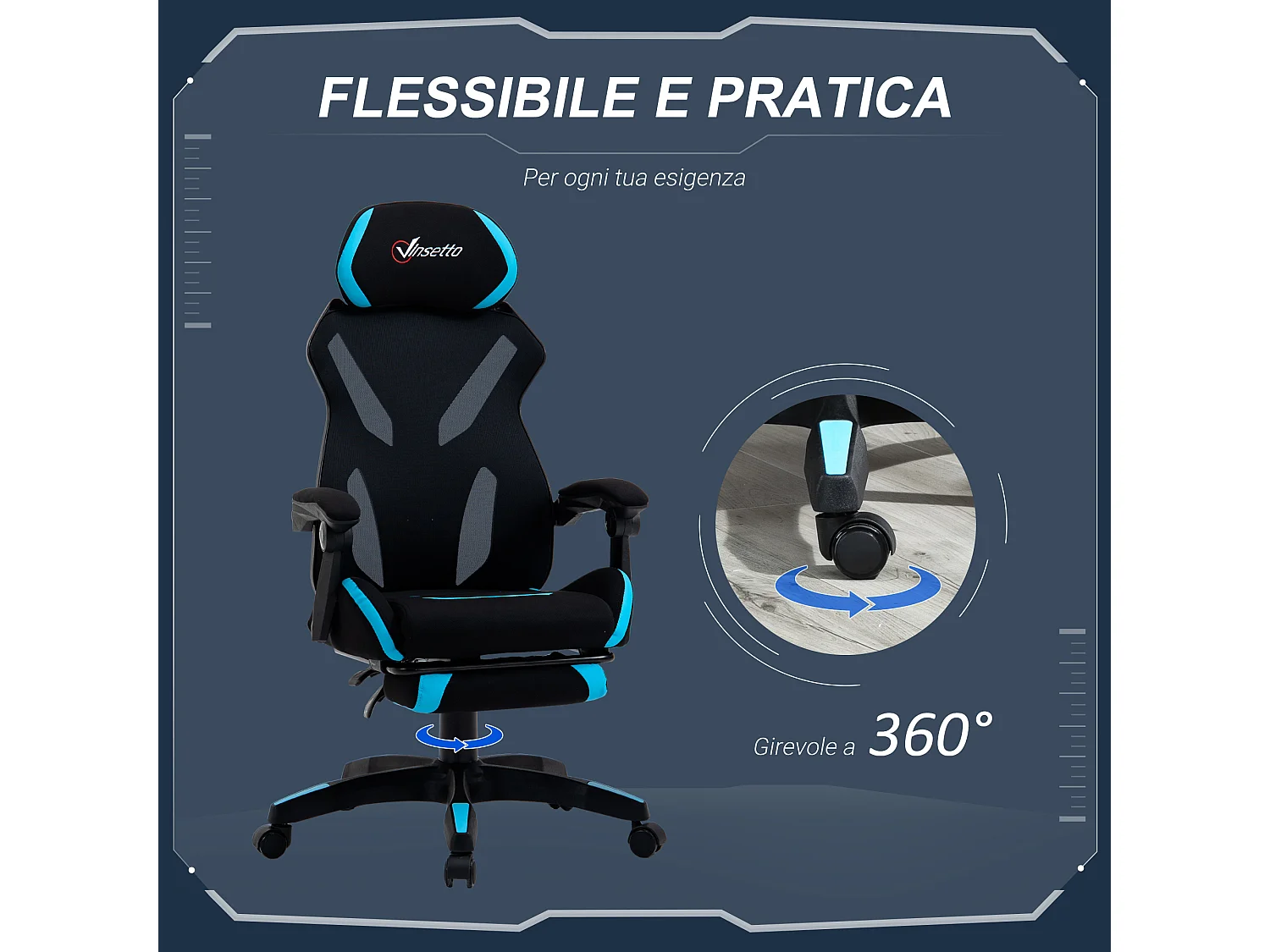 Sedia gaming ufficio racer ergonomica in tessuto nero e blu