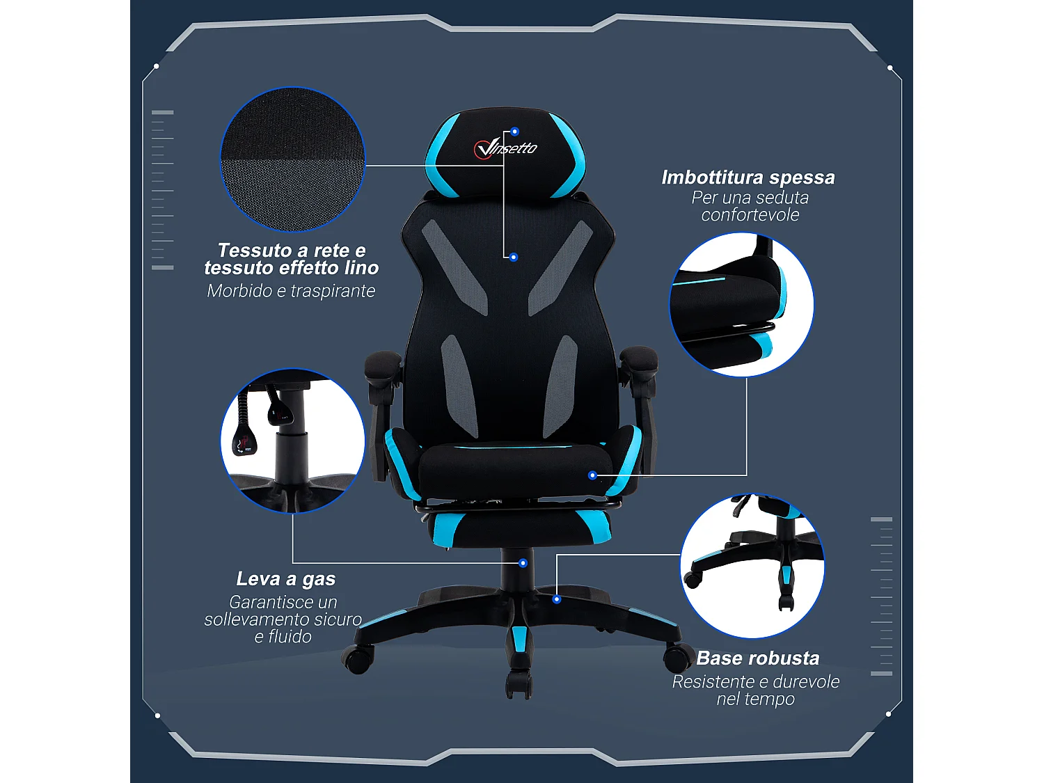 Sedia gaming ufficio racer ergonomica in tessuto nero e blu