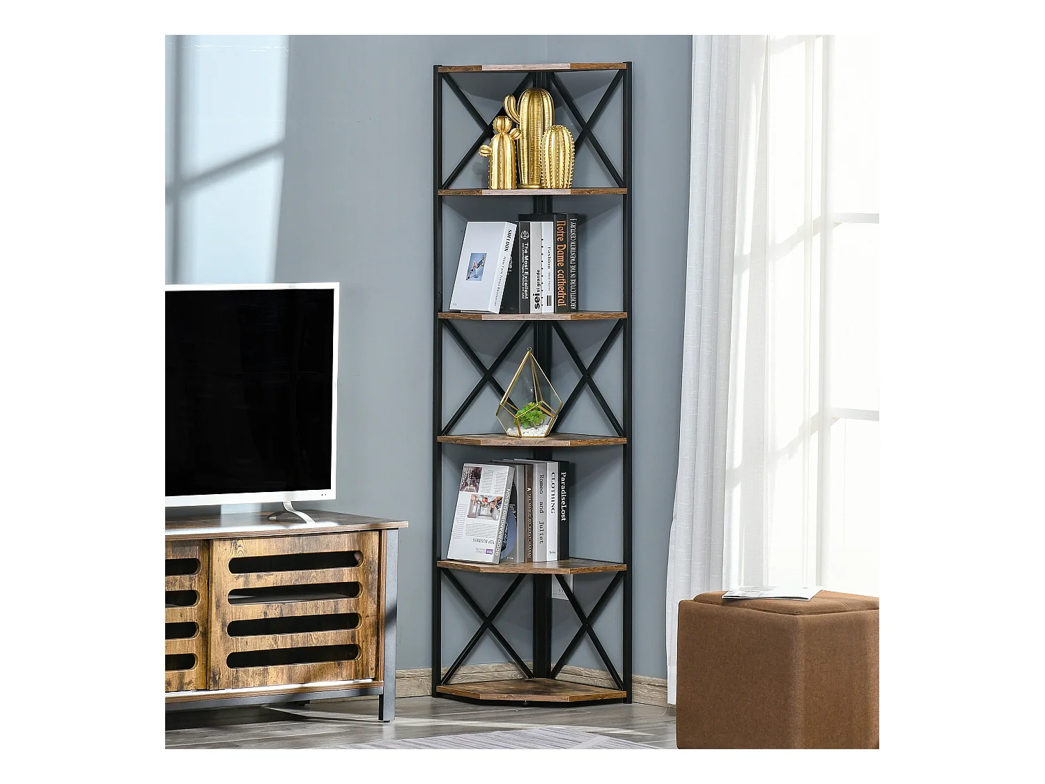 Libreria angolare industriale a 7 livelli in legno e acciaio marrone