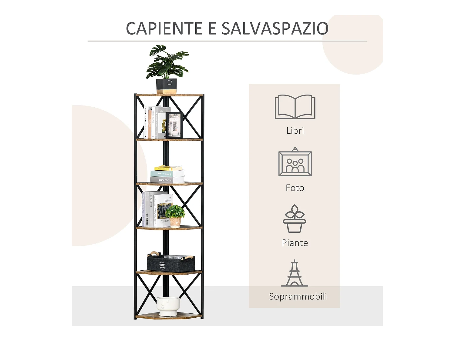 Libreria angolare industriale a 7 livelli in legno e acciaio marrone