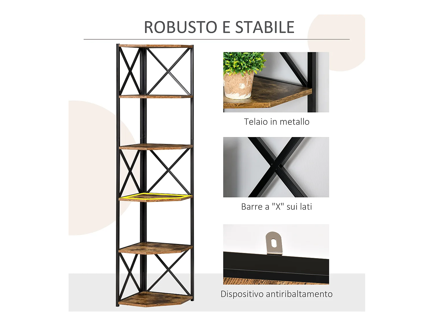 Libreria angolare industriale a 7 livelli in legno e acciaio marrone