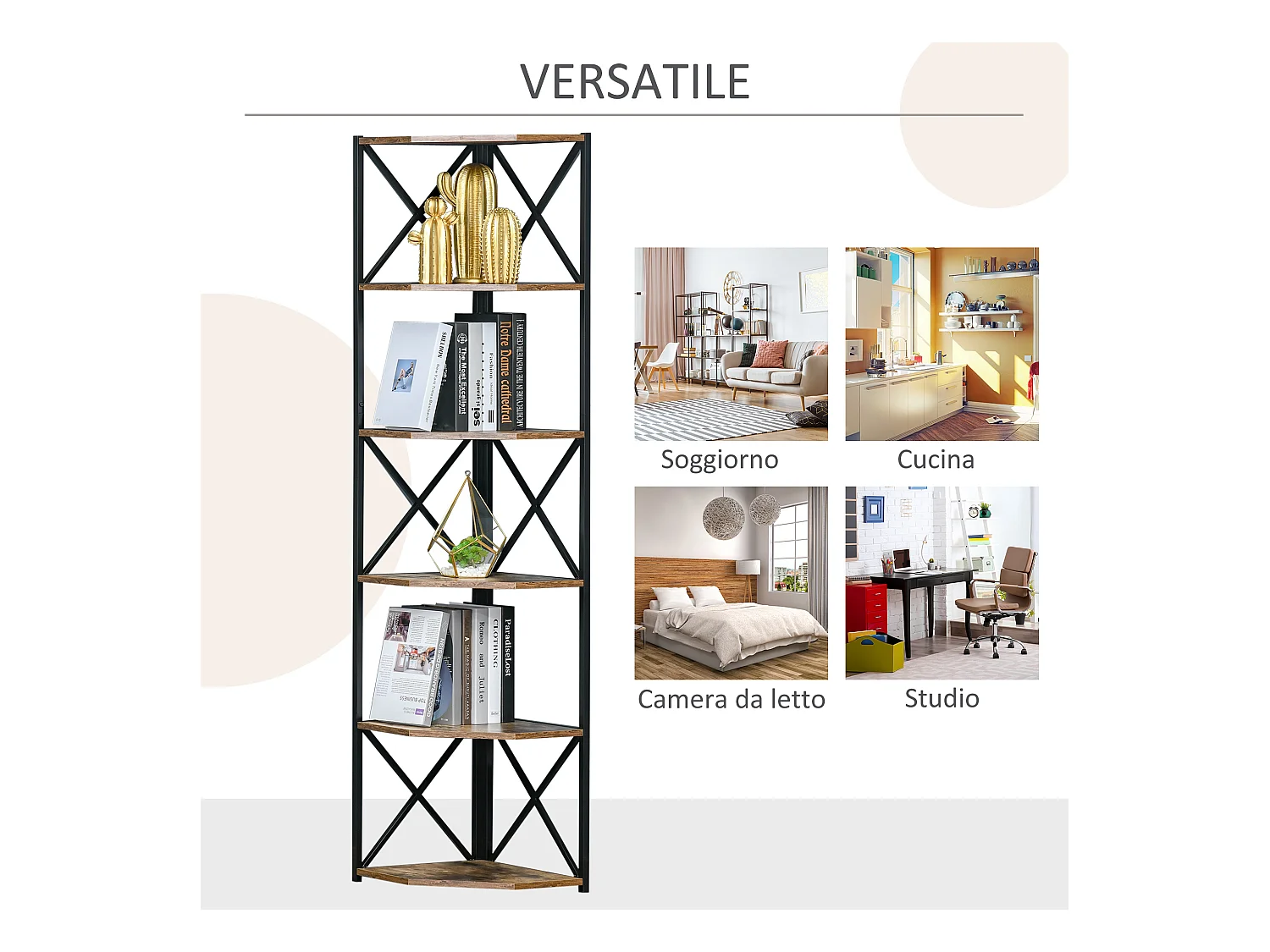 Libreria angolare industriale a 7 livelli in legno e acciaio marrone